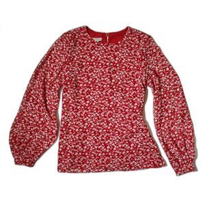 Hobbs London Red Floral Blouse – US 4 – Tie Waist, Puff Sleeve